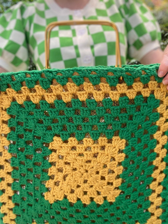 1970's Vintage Green & Yellow Granny Squares Croc… - image 5