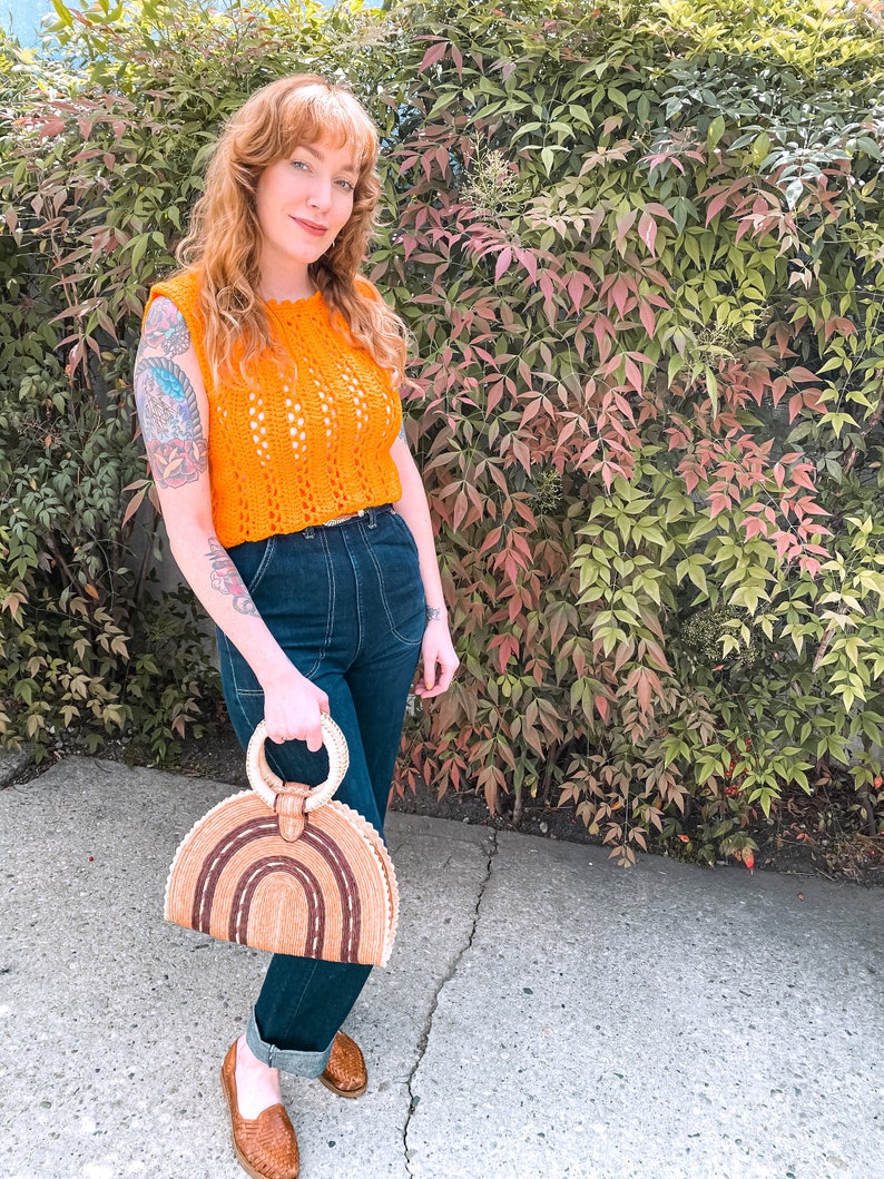 1970's Vintage Tangerine Orange Crochet Knit Sleeveless Top image 2