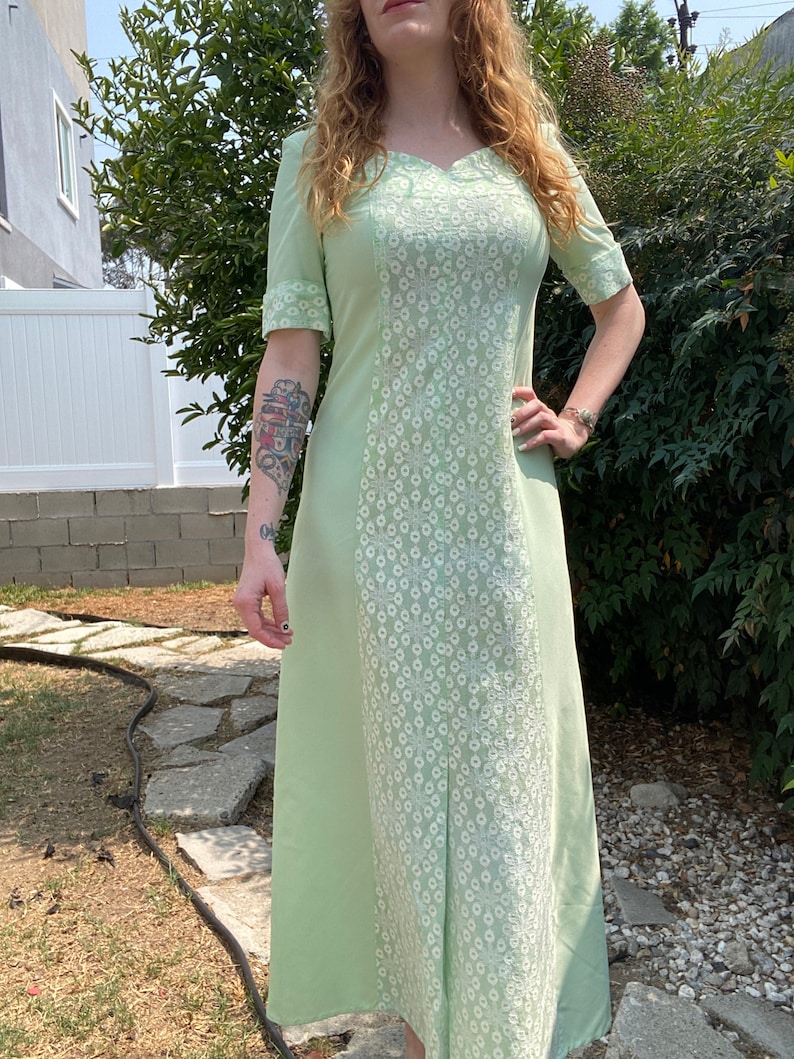 1960's Mint Green Lace Short Sleeve Maxi Dress image 3