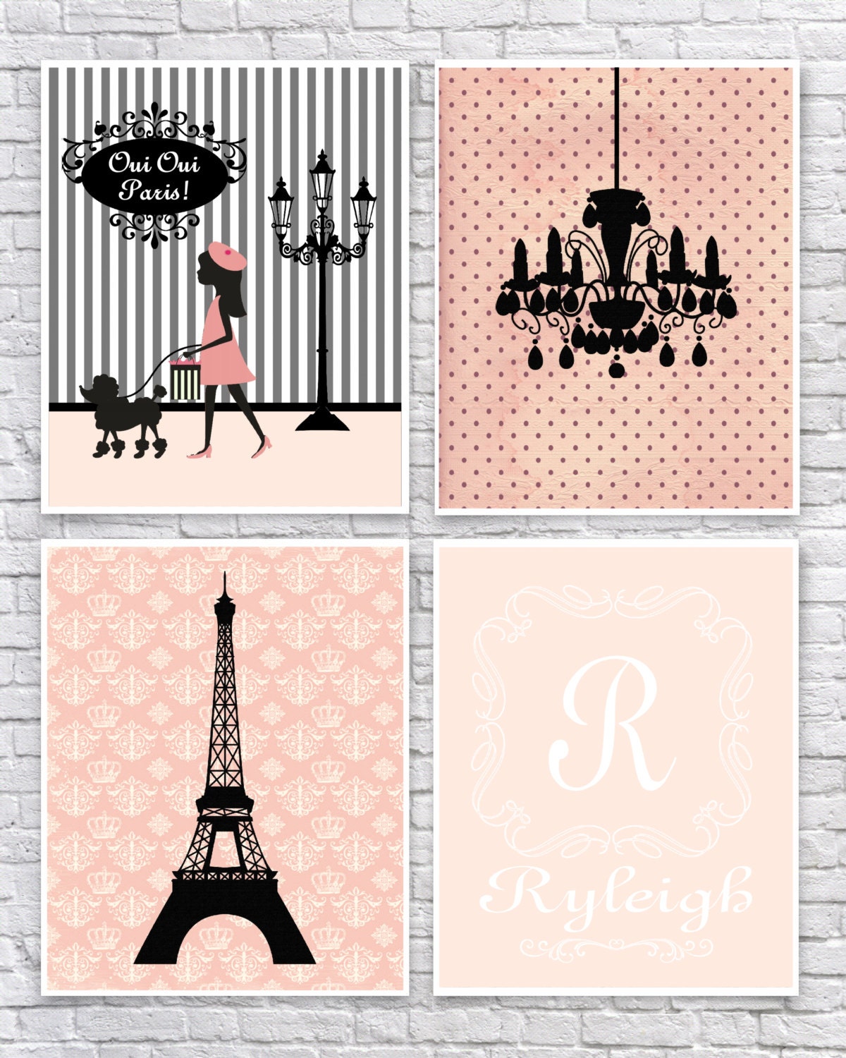 Girls Paris Bedroom Art French Wall Art Paris Nursery Art Paris Wall Decor Peach And Black Art Monogram Chandelier Eiffel Tower