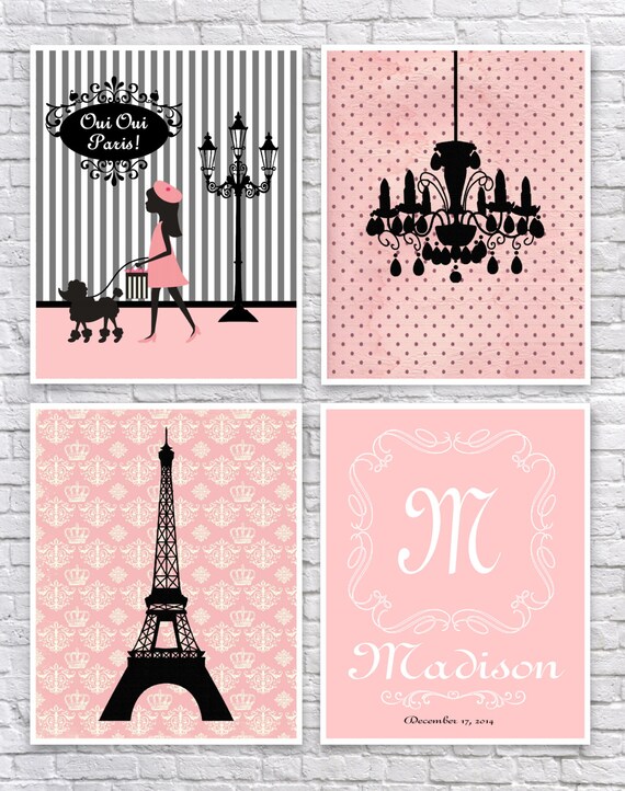 Girls Paris Bedroom Art French Wall Art Paris Nursery Art Paris Wall Decor Pink And Black Art Monogram Chandelier Eiffel Tower