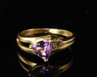 vintage modernist purple amethyst baquette diamond 14K yellow gold ring