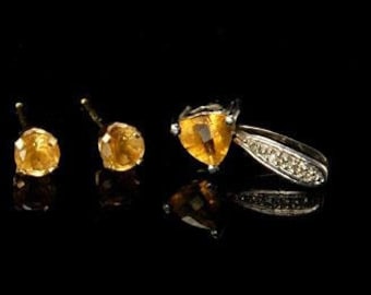 vintage citrine diamond 14k gold pendant stud earring set