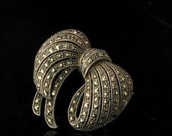old art deco sterling 925 marcasite bow pin brooch