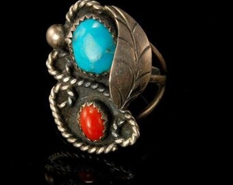 vintage early navajo coral turquoise sterling silver ring