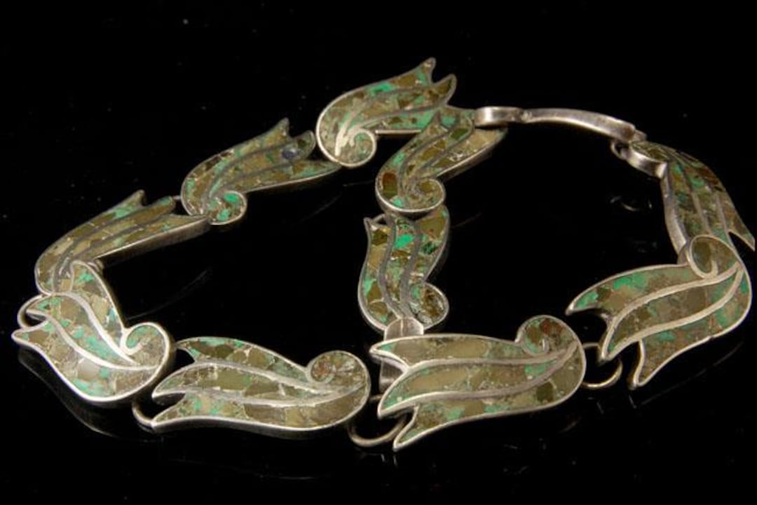 Vintage TAXCO MEXICAN Green Turquoise MOSAIC Sterling Necklace - Etsy