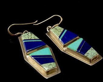 vintage modern native american turquoise lapis mosaic sterling earrings