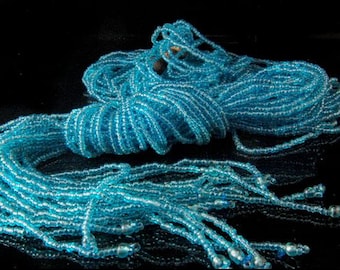 vintage deco flapper multi strand blue glass tiny beads tassel long necklace