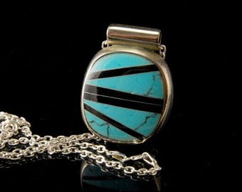 Sterling Silver Mexican Turquoise Mosaic Pendat/necklace, Blue