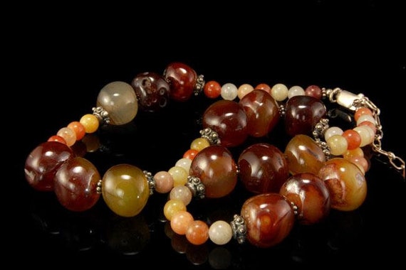 vintage multicolor agate jade beads sterling neck… - image 1