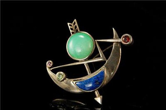 vintage modernist jade garnet peridot lapis sterl… - image 5