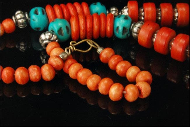 Old Tibetan Coral Glass Disc Turquoise Art Glass Beads Silver Tone