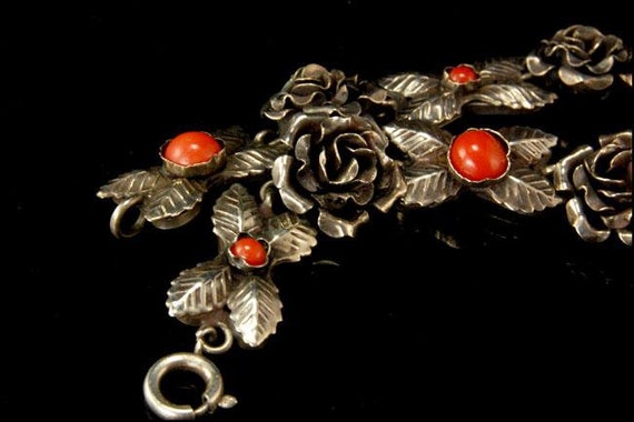 vintage red coral rose flower 800 silver bracelet - image 3