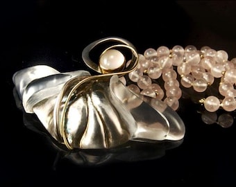 old art deco style rose quartz lucite gold sterling artisan pendant necklace