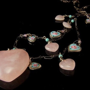 vintage LUCY ISAACS NYC heart rose quartz enamel roses silver charm necklace