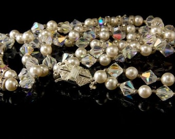vintage 50's aurora berealis crystal rhinestone faux pearl silver tone necklace