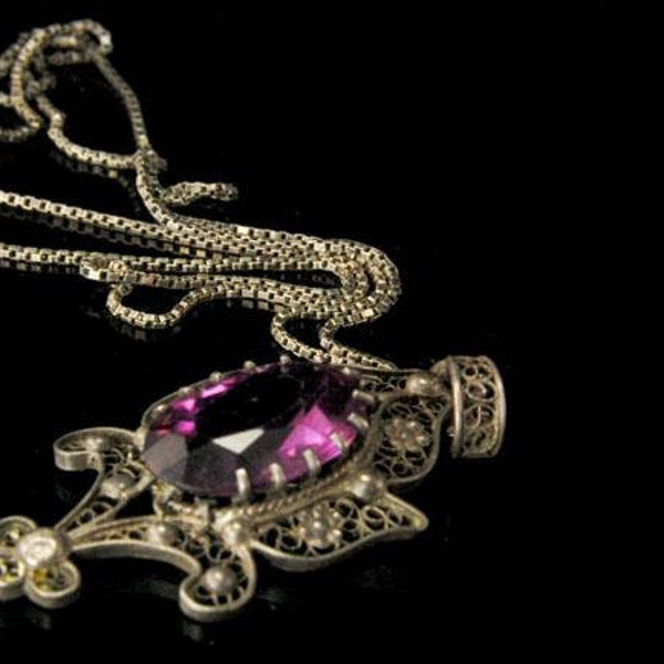 old victorian amethyst paste sterling silver filigree pendant necklace