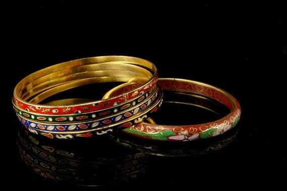 5 古い中国の七宝焼きの金箔の金属のバングルブレスレット - Etsy 日本