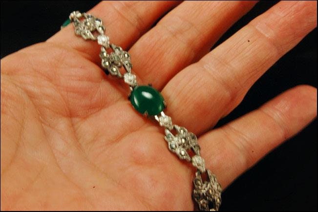 Bracelet Vintage Couleur Argent Avec Cabochon Vert Marbré - Réf *5120 - Occasion