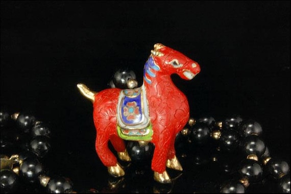 Vintage Chinese Horse Cloisonne Enamel Onyx Beads… - image 1