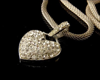 vintage diamond rhinestone heart sterling silver mesh chain pendant  necklace