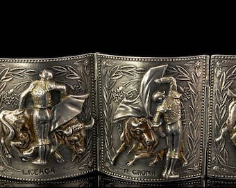 Vintage Matadors Scene Mexican Sterling 925 Heavy Bracelet