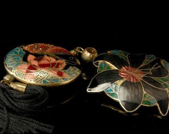 2 vintage chinese elephant exotic bird cloisonne pendants