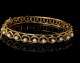 vintage 11 white luster pearls 14k gold 22.1g rope filigree bangle bracelet