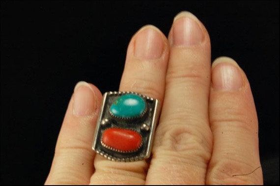 old early navajo coral turquoise signed v sterlin… - image 5
