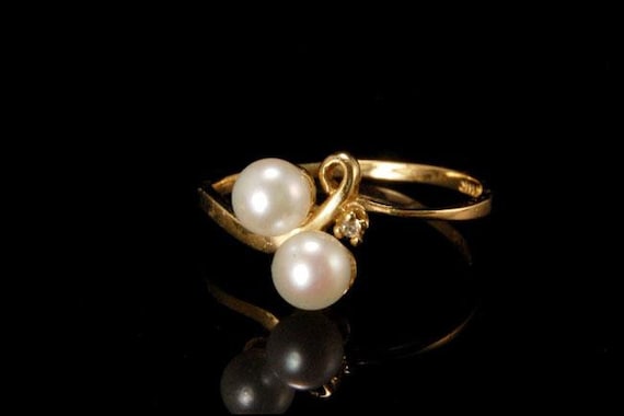 vintage 2 white luster pearls diamond 14k yellow … - image 5