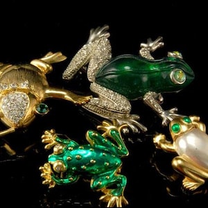 4 vintage collectie kikkers emaille kunst glas strassteen goudkleurige pin broche