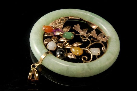 Old Chinese Green Jadeite Jade Large Disc Butterfly 585 14k Gold