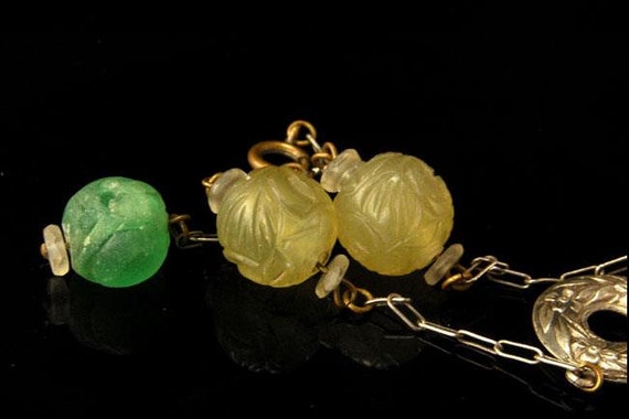 old chinese carved green crystal shou beads sterl… - image 2