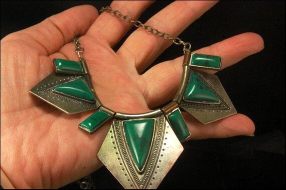 vintage art deco style malachite plastic silver t… - image 5