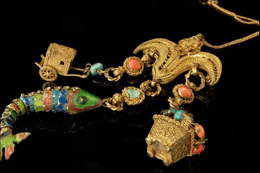 Antique Chinese Coral Turquoise Enamel Fish Rickshaw Gilt Brooch Charms ...