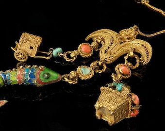 Antique Chinese Coral Turquoise Enamel Fish Rickshaw Gilt Brooch Charms Necklace