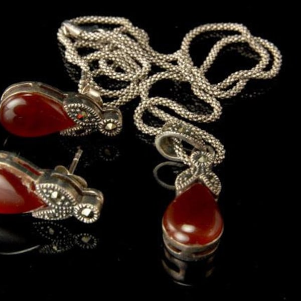 vintage carnelian marcasite 925 sterling necklace dangle earrings set