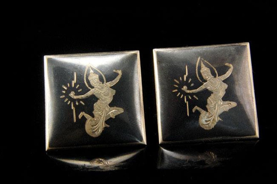 Boutons De Manchette Vintage Argent Sterling Noir Danseuse Motif Niello - Occasion En Bon état