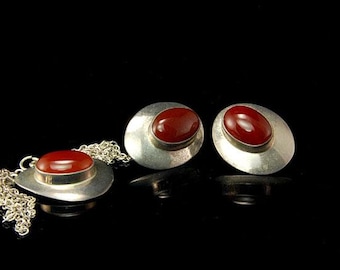 2 Vintage Modern carnelian sterling silver earrings necklace set