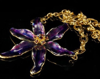 vintage kjl kenn joy lane purple enamel lily garnet paste gold tone necklace