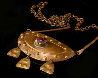 Vintage Art& Craft Brown Stone Copper Dangle Necklace