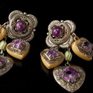 vintage la contessa mary demarco hearts purple glass silver dangle earrings
