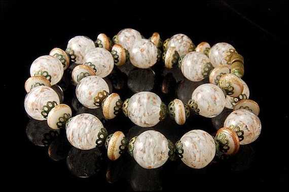 old venetian murano art glass gold white beads brass necklace