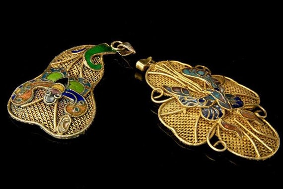 2 antique chinese bat bird enamel gilt filigree b… - image 6