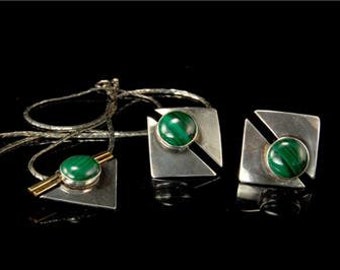 vintage modern malachite sterling gold necklace earrings set