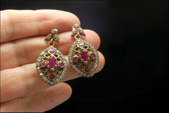 old red ruby diamond paste 925 sterling gold dang… - image 4