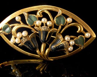 antique art nouveau faux pearl enamel rhinestone flower brass pin brooch