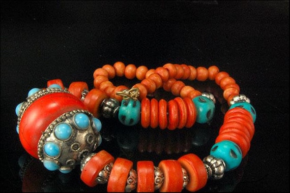 Old Tibetan Coral Glass Disc Turquoise Art Glass Beads Silver Tone