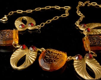 old ART NOUVEAU intaglio flowers citrine glass rhinestone brass necklace