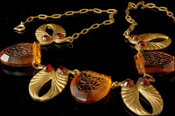 old ART NOUVEAU intaglio flowers citrine glass rhinestone brass necklace